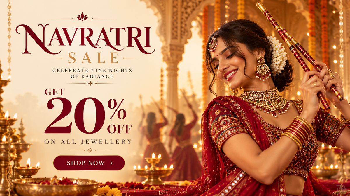 A festive promotional banner for a Navratri Sale, featuring a woman in traditional Indian attire holding a flute in a warmly lit indoor setting. Large text on the left reads 'Navratri Sale' and 'Get Upto 50% Off on All Jewellery' with a 'Shop Now' button.