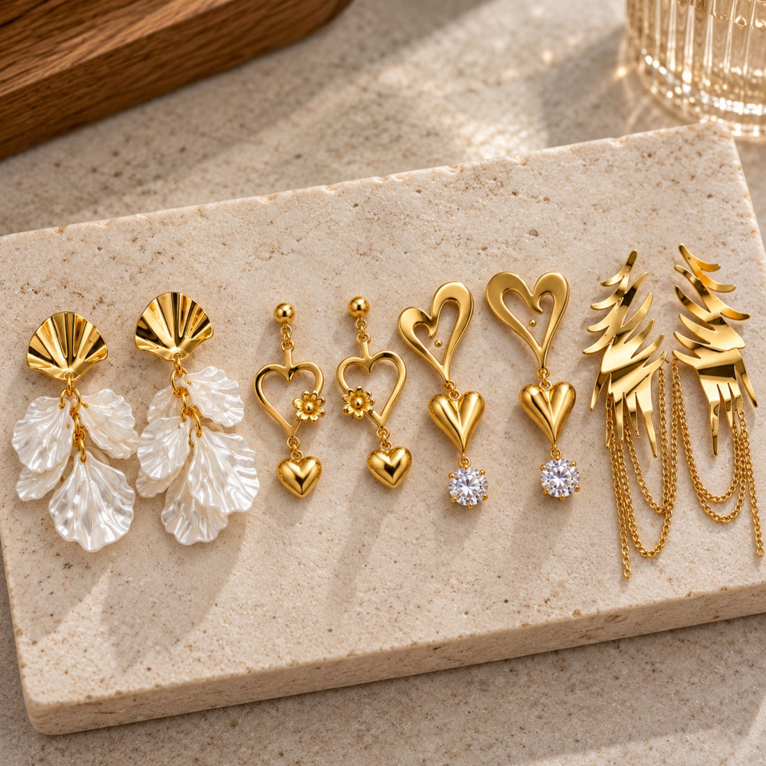 Golden Heart & Petal Statement Earrings Set