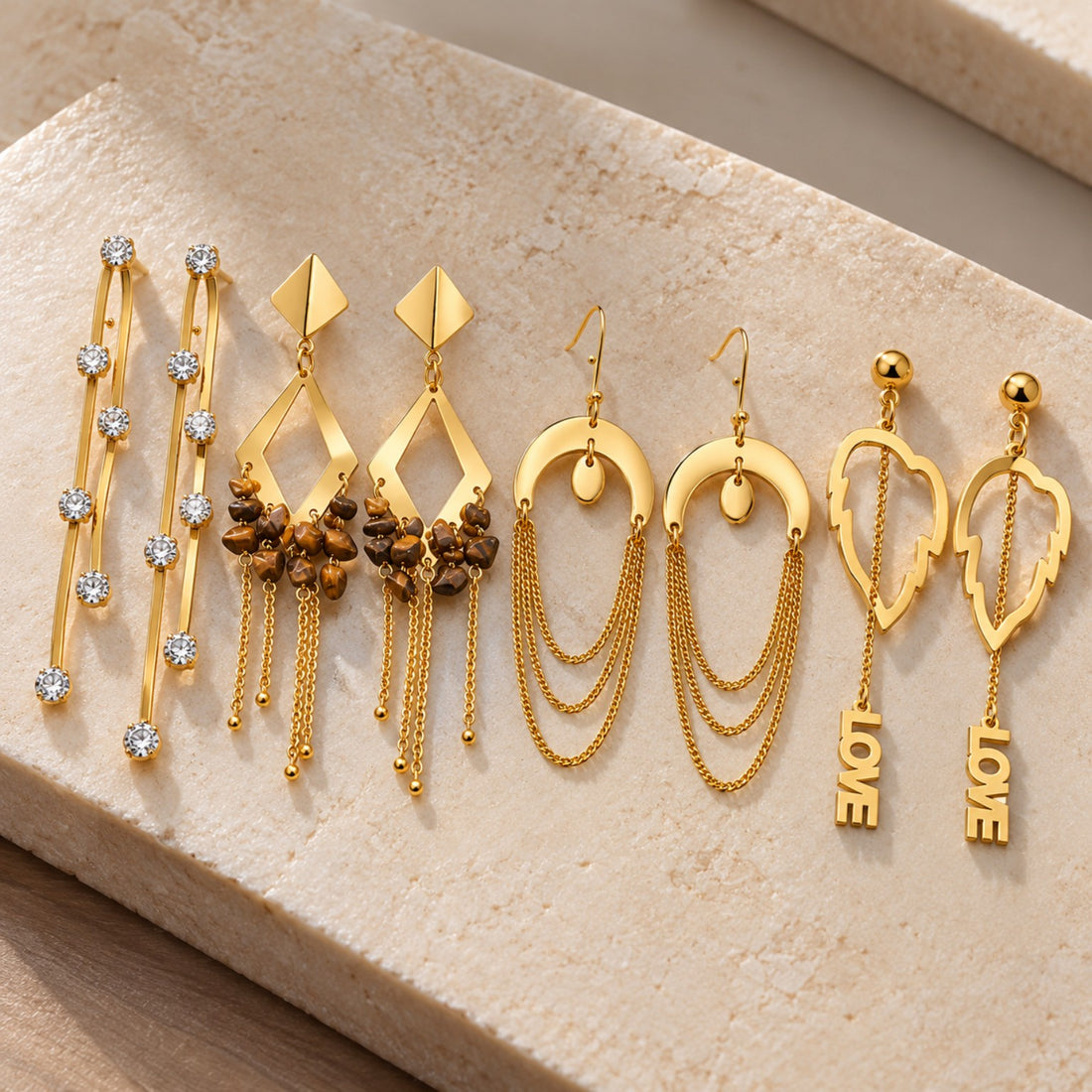 Golden Geometric & Love Charm Earrings Set