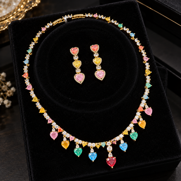 Multicolour Heart Charm Necklace & Earring Set