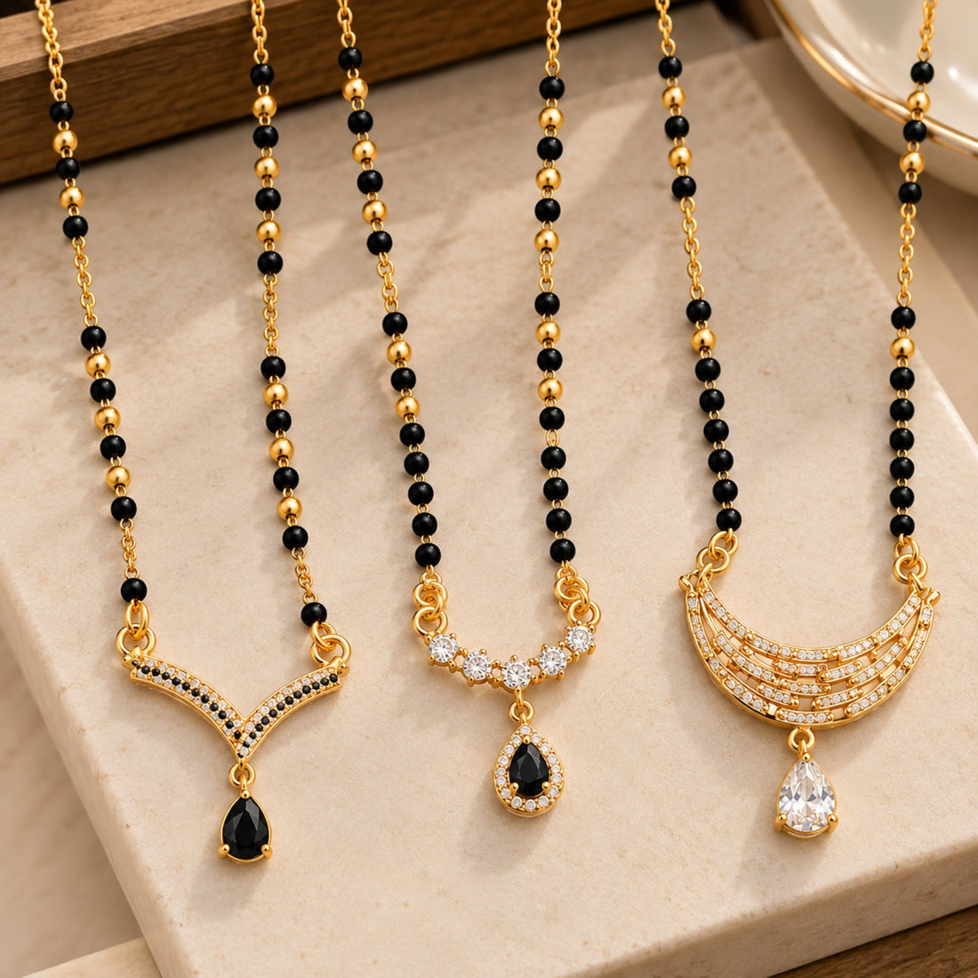 3-Piece Gold & Black Beaded Mangalsutra Set