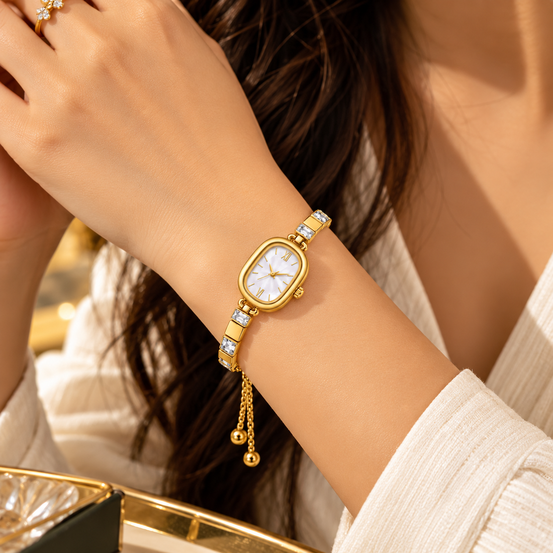 TARADE — GOLDEN RECTANGULAR CRYSTAL WATCH