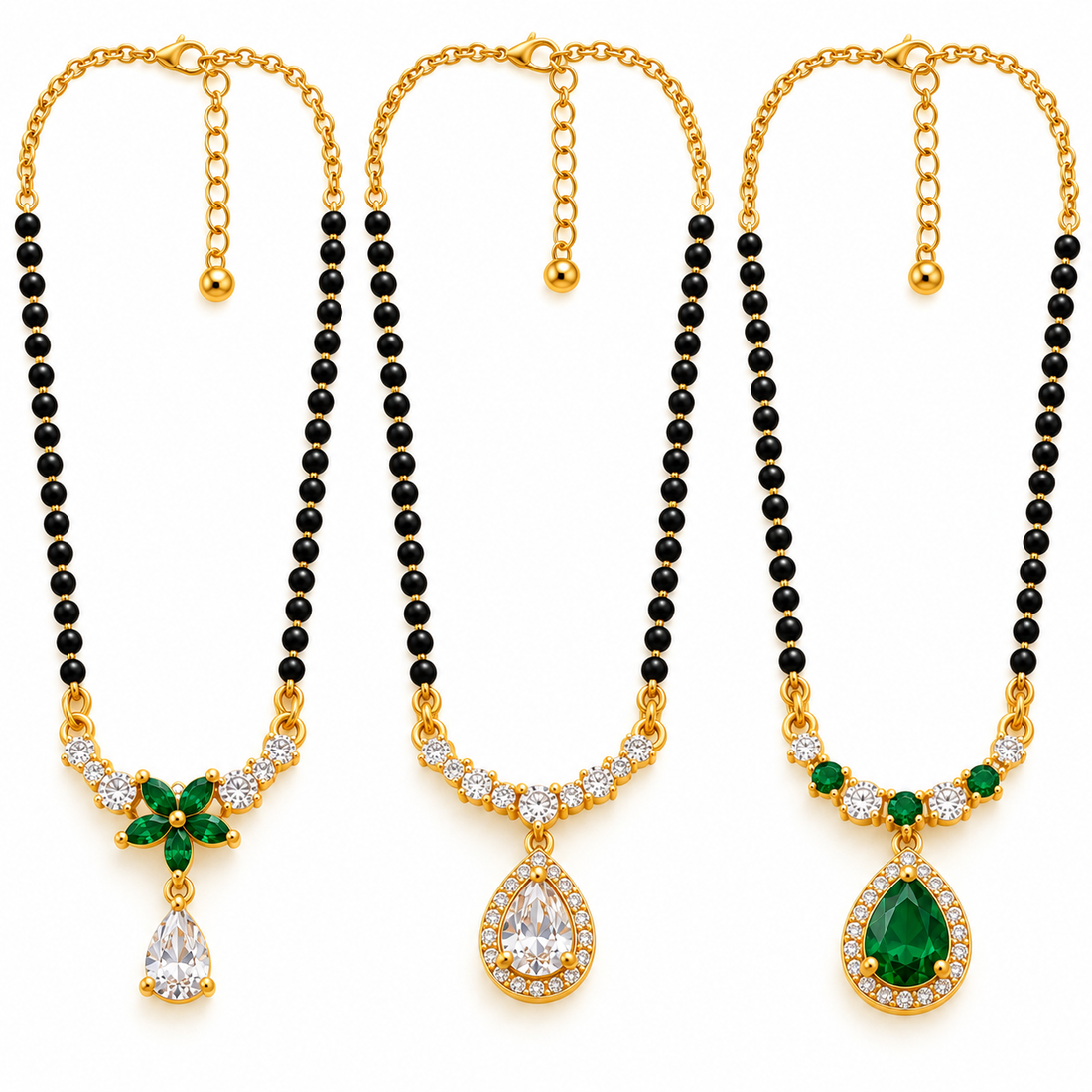 Emerald Elegance 3-Piece Mangalsutra Necklace Set