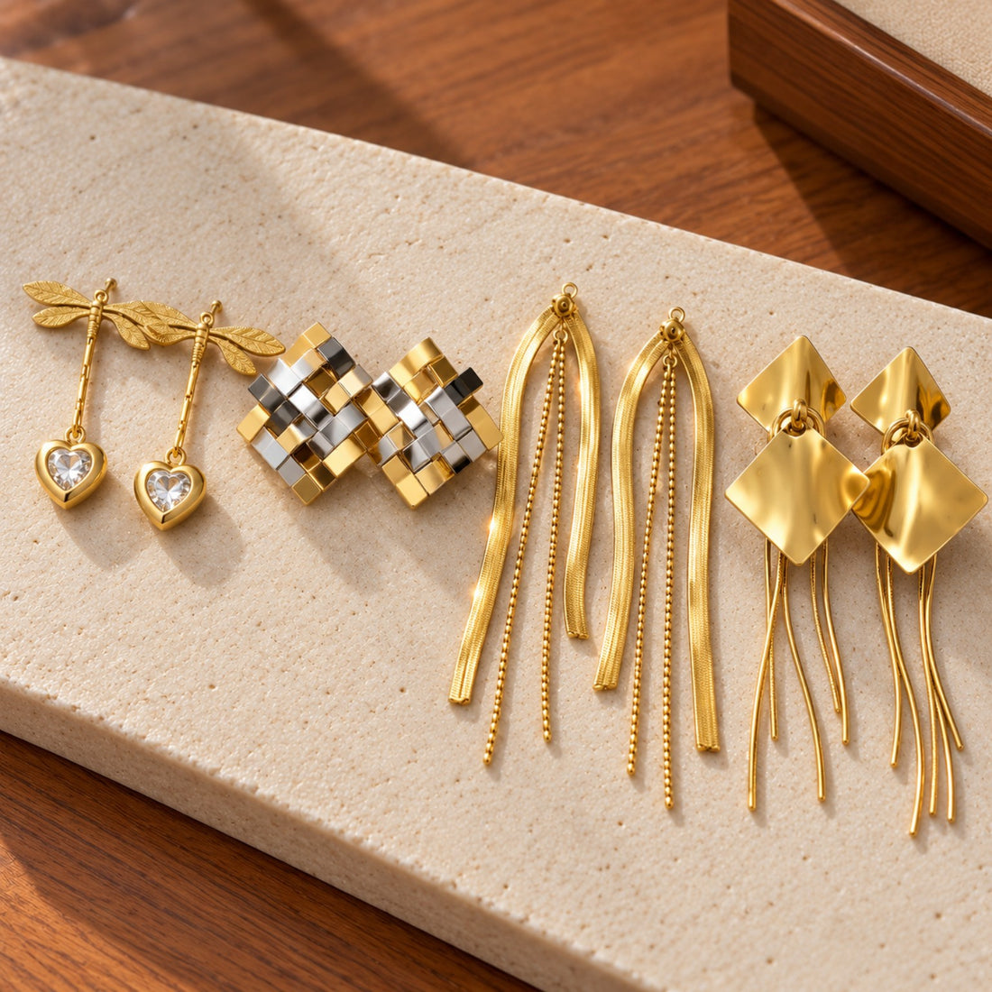 4-Piece Golden Nature & Geometric Statement Earring Set