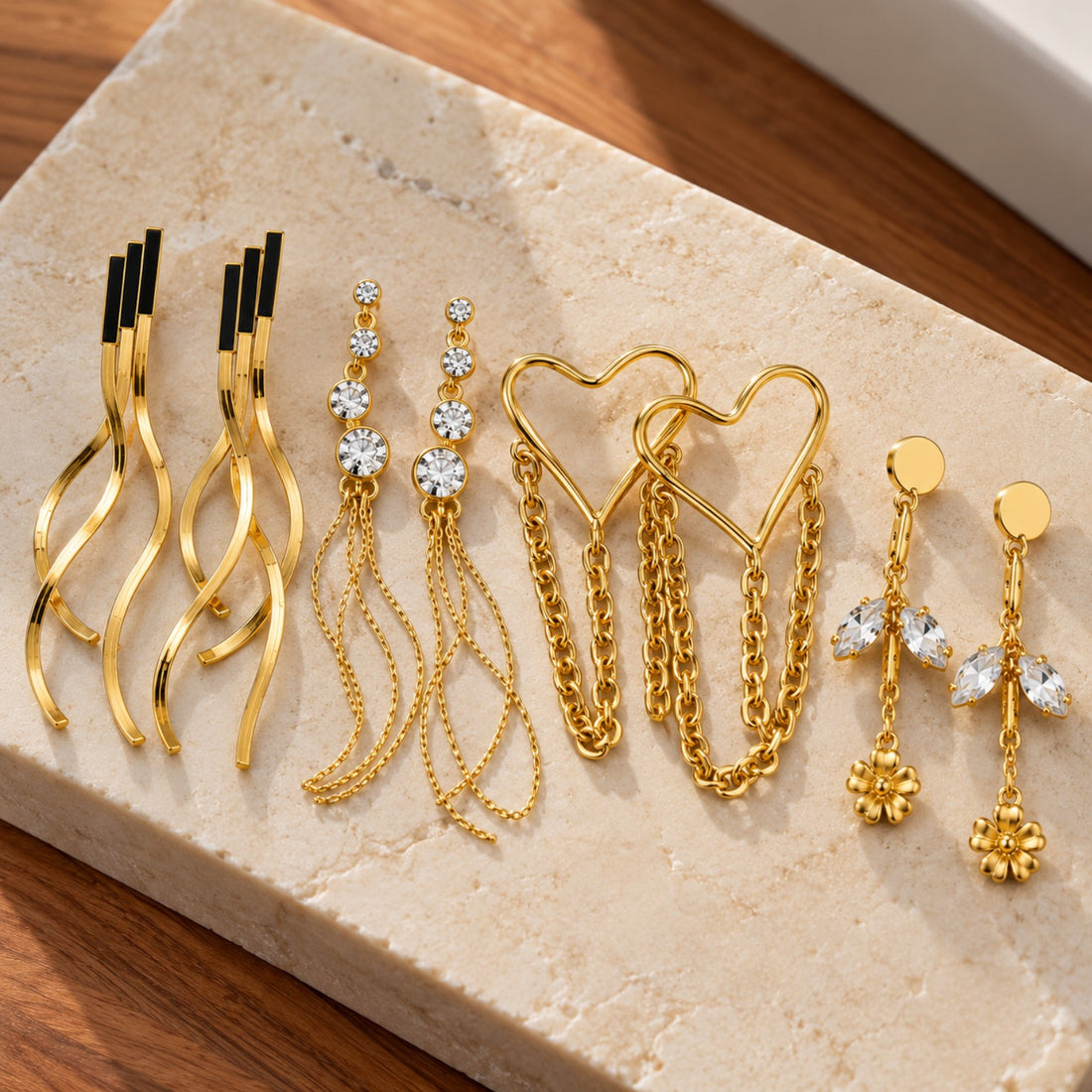 4-Piece Golden Elegance & Crystal Chain Earring Set