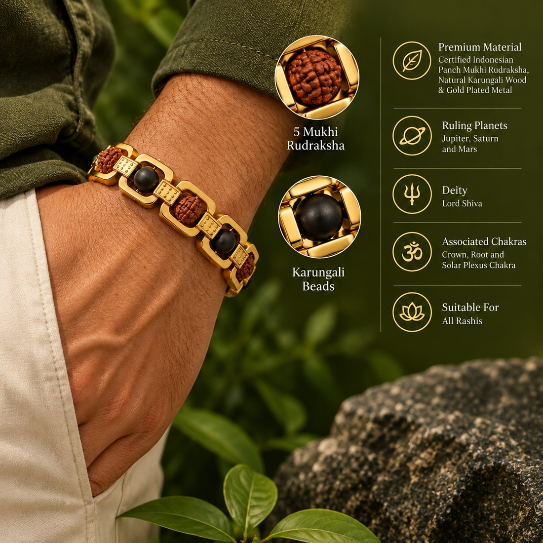 TARADE — DIVINE RUDRAKSHA AND BLACK BEADS  GOLD PLATED BRACELET