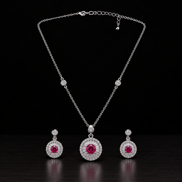 925 Sterling Silver Ruby Halo Necklace &amp; Earrings Set
