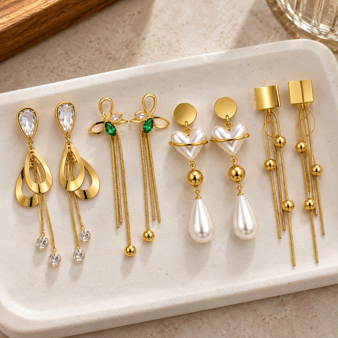 4-Piece Pearl, Emerald & Golden Tassel Earring Set