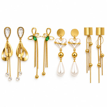 4-Piece Pearl, Emerald & Golden Tassel Earring Set