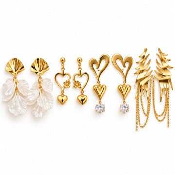 Golden Heart & Petal Statement Earrings Set