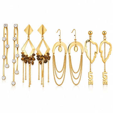 Golden Geometric & Love Charm Earrings Set